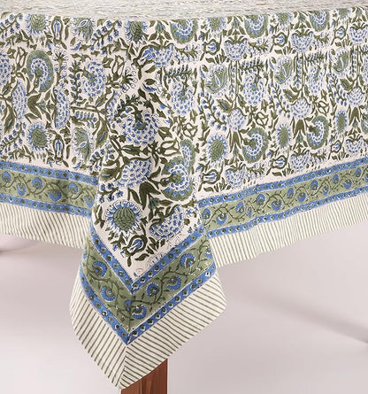 ATOSII Clover Blue 100% Cotton Rectangle Spring Tablecloth, Handblock Floral Linen Table Cloth for Kitchen Dining Table I Parties Weddings Outdoors Easter Home Decor 72 X 120 Inches I 10 Seater