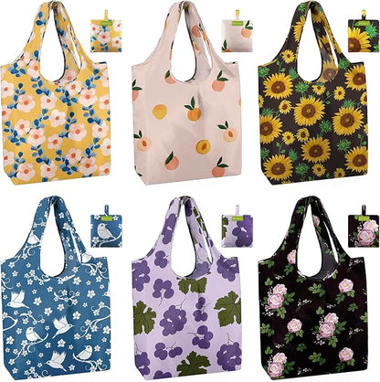 BeeGreen Flower Reusable Shopping Bags Cute Grocery Bag 6 Pack, Christmas Gift Bags Heavy-Duty Foldable Shopping Totes for Supermarket, Work & Travel, Large Washable Polyester Tote Bag with Handles
