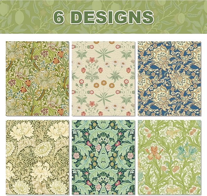 12 Sheets William Morris Wrapping Paper Set William Morris Gift Wrapping Paper 6 Design Green Vines and Flowers Pattern Paper for Flowers Themed Party Wedding Bridal Shower Baby Shower 20'' x 27''