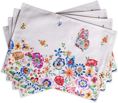 Maison d' Hermine Placemats Set of 4 100% Cotton Washable Cloth Place Mats, Reusable Table Mats for Kitchen Dining Decoration, Party, Restaurant Spring/Summer (Happy Florals - High Summer, 13" x 19")