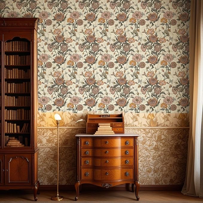 Floral Wallpaper Peel and Stick Floral Contact Paper Yellow and Pink Vintage Wall Paper Removable Self Adhesive Vinyl Stick on Wallpaper for Bathroom Bedroom Decor 17.3in x 118in