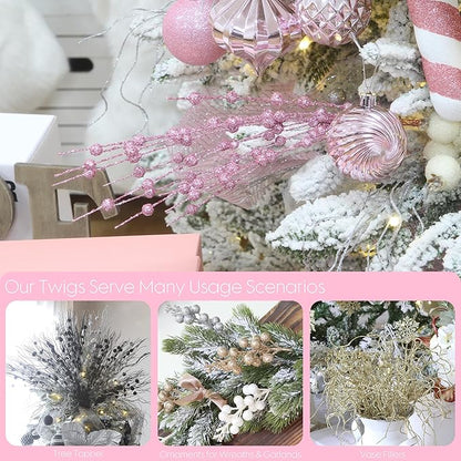 Sea Team 24-Pack Artificial Glitter Berry Stem Ornaments, Decorative Bead Sticks, Glittery Twigs, Picks, Branches for Christmas Tree, Small Vase, Holiday, Wedding, Party (17 Inches, Pink)