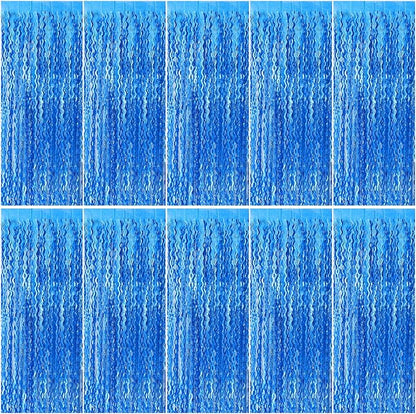 Blue Backdrop Wavy Tinsel Foil Fringe Curtains for Parties Sparkle Metallic Wavy Blue Birthday Decorations for Streamers Party Decorations Photo Booth Props Birthday Ocean Party Decor Supplies
