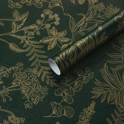 Dark Green and Gold Wallpaper Floral Peel and Stick Wallpaper Vintage Flower and Leaf Contact Paper for Cabinets Self-Adhesive Removable Wallpaper for Bedroom Bathroom Kitchen 118"x17.3"