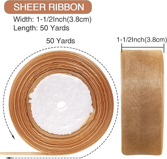 1-1/2 Inch x 50 Yards Sheer Organza Ribbon Chiffon Ribbon for Gift Wedding Flower Bouquet Wrapping Decorations Crafts (Gold)