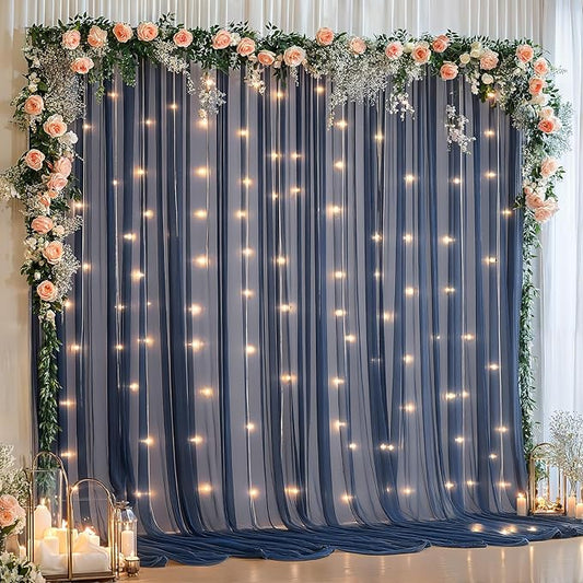 20x10ft Navy Blue Tulle Backdrop Curtain with Lights String for Parites, Sheer Backdrop Curtains for Wedding Baby Shower Birthday Party Photo Shoot Decorations