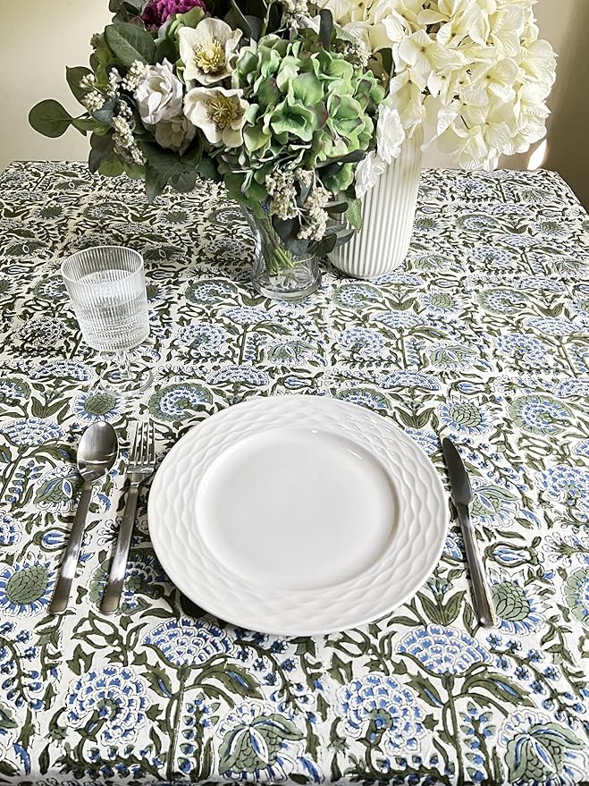 ATOSII Clover Blue 100% Cotton Round Boho Fall Tablecloth, Handblock Floral Table Cloth Linen for Kitchen Dining I Parties Outdoors Christmas Thanksgiving Fall Home Decor 72" Inches Round I 4-6 Seater