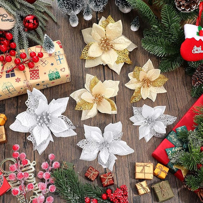 Boao 24 Pieces Christmas Artificial Glitter Poinsettia Flowers Xmas Flowers Wedding Christmas Tree New Year Ornaments (Gold and Silver)