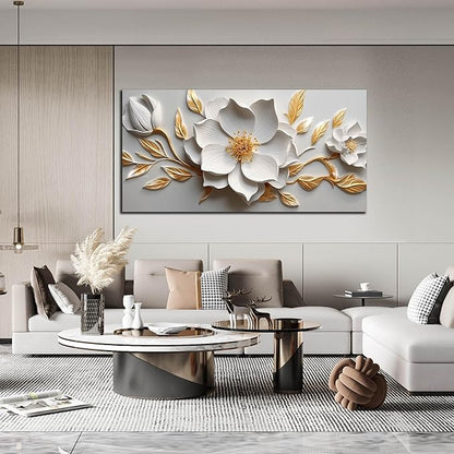 Canvas Wall Art for Living Room Bedroom Office White and Gold Flower Artwork Large Botanical Wall Art Framed Wall Decor Modern Canvas Prints 29x59 In