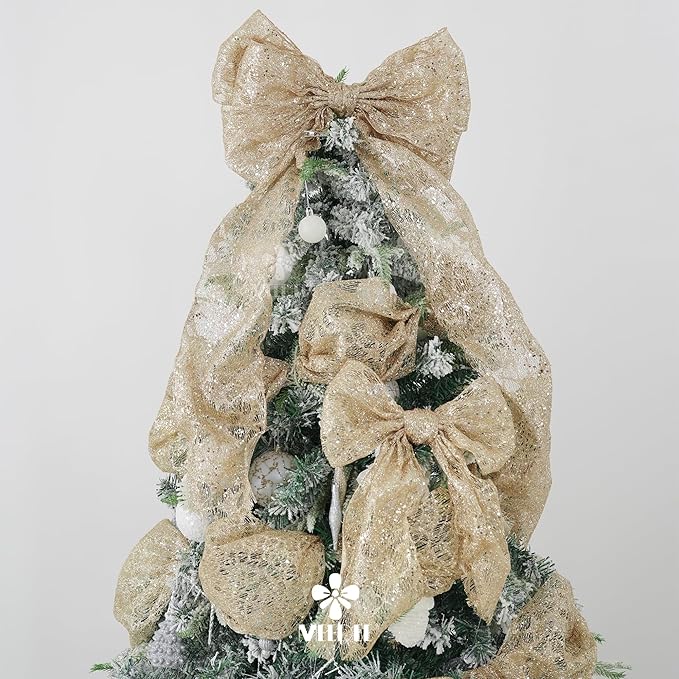 MEEDEE Champagne Gold Glitter Mesh Star Web Ribbon 10 Inch Wide by 10 Yards Roll Champagne Fabric Ribbon Decorative Champagne Mesh Ribbon for Christmas Tree, Garland, Holiday Wreaths, Bows