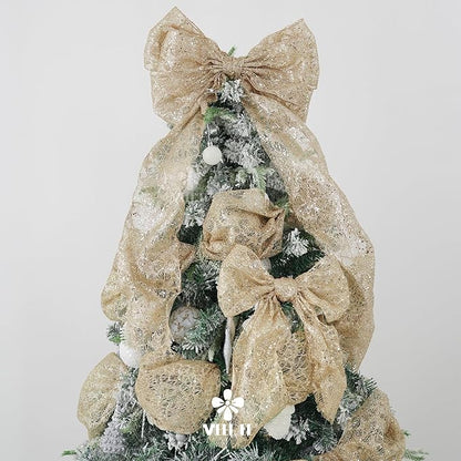 MEEDEE Champagne Gold Glitter Mesh Star Web Ribbon 10 Inch Wide by 10 Yards Roll Champagne Fabric Ribbon Decorative Champagne Mesh Ribbon for Christmas Tree, Garland, Holiday Wreaths, Bows