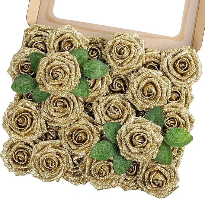 MACTING 30PCS Artificial Flowers Real Touch Foam Roses with Stem Fake Glitter Flowers for DIY Wedding Bouquet Table Centerpieces Party Holiday Wreath Home Valentines Day Christmas Decorations,Gold