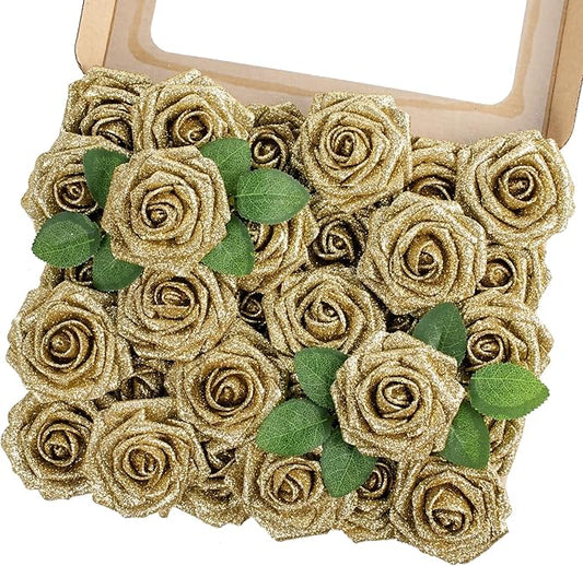 MACTING 30PCS Artificial Flowers Real Touch Foam Roses with Stem Fake Glitter Flowers for DIY Wedding Bouquet Table Centerpieces Party Holiday Wreath Home Valentines Day Christmas Decorations,Gold