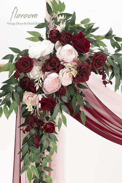 Floroom Arch Flowers with Drapes Kit (Pack of 4) - 2pcs Artificial Burgundy & Blush Floral Swag Arrangement with 2pcs Draping Fabric for Wedding Ceremony Arbor and Reception Backdrop Decoration