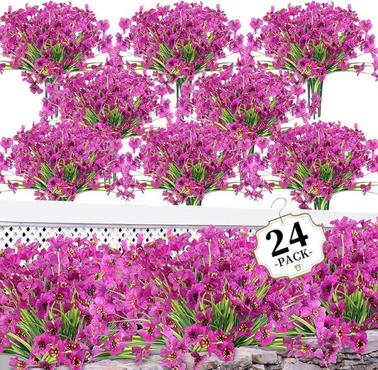 24 Red Lotus Bundles Artificial Flowers for Outdoors/Indoors Fake Flowers Plants for Indoor Outside Garden Porch Window Box Home Wedding Farmhouse