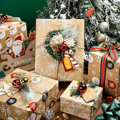 RUSPEPA Christmas Wrapping Paper, Kraft Paper - Santa Claus, Snowflake, Christmas Ball and Merry Christmas - 4 Rolls - 30 inches x 10 feet per Roll