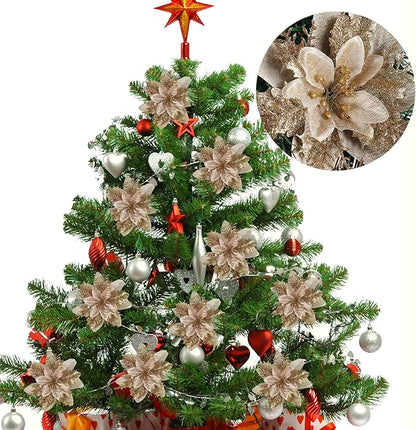 RECUTMS 10 Pcs Christmas Glitter Artificial Poinsettia Flowers 6 inch Christmas Wreath Christmas Tree Flowers Ornaments Holiday Seasonal Decorations for Xmas New Year Wedding Party (Gold)