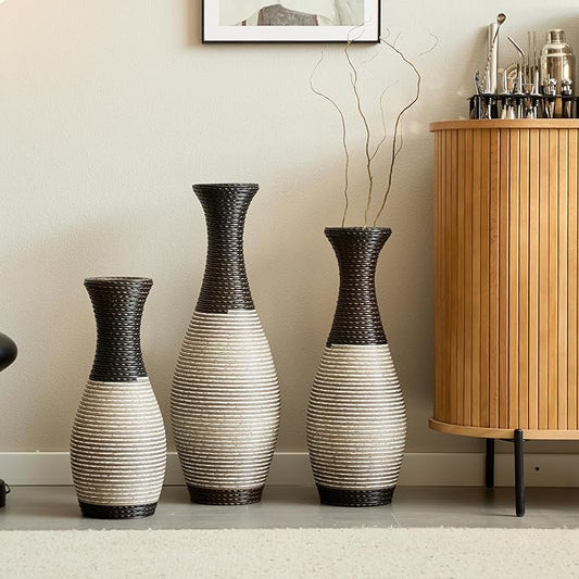 Floor PVC Decorated Vases Set of 3 for Gorgeous Home Decoration Large Classic Neat PVC Vase 19.6in/23.6in/27.5in Height(Black+White)