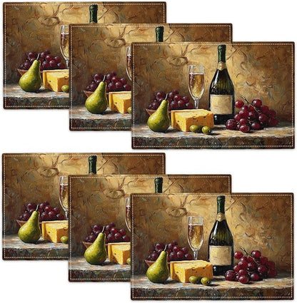 Wine Glass Placemats Set of 6, Rustic Country Winery Place Mats, Farmhouse Grape Dining Table Mats, Washable Placemats for Kitchen Dining Room Home Decor 18L'' × 12W''