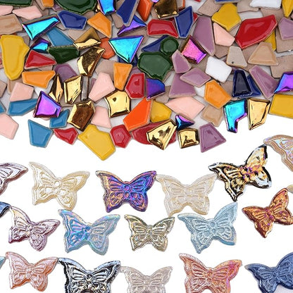 Irregular & Butterfly Mosaic Tiles for Crafts – 1.5 lb Bulk Pack (580g Irregular Tiles + 100g Butterfly Pieces), Assorted Colors, Shapes & Sizes for DIY Art & Home Decor