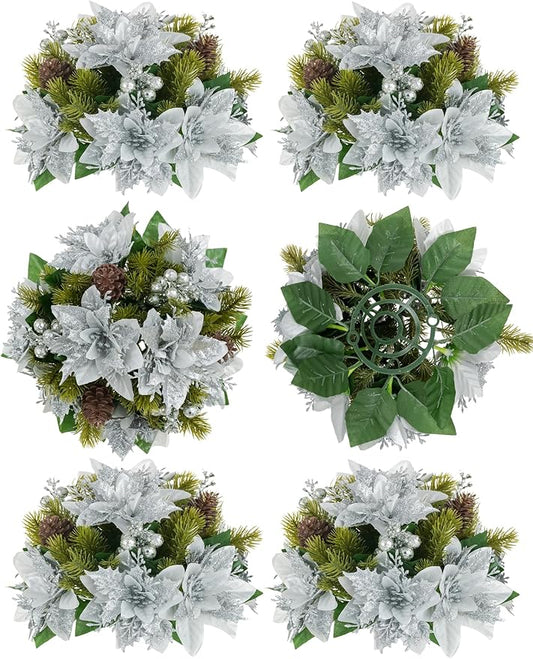 BLOSMON Poinsettias Artificial Christmas Flowers: 6 Pcs Silver Glitter Fake Christmas Floral Ball Centerpieces Decoration for Tables Silk Faux Poinsettia Holiday Flower Arrangement Xmas Plants Decor