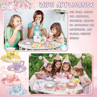 96 Piece Floral Paper Tea Cups and Saucers 9 Oz Teacup with Handle 9 Inch and 7 Inch Paper Plate Napkin Disposable Tea Party Supplies Serve 24 for Wedding Birthday, Pink, Blue, Yellow, Purple