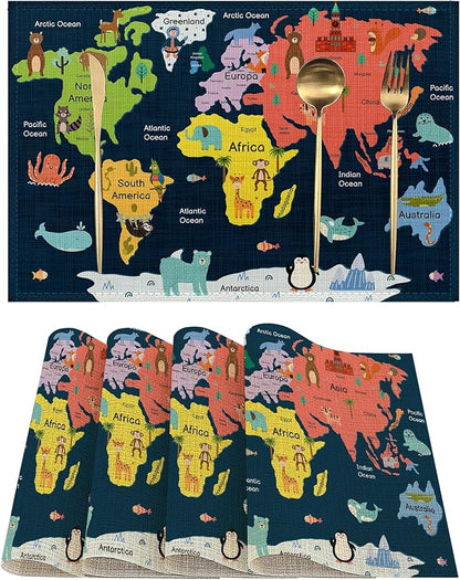Map of The World Placemats Set of 4, Cute Animals Place Mats Non-Slip Heat Resistant Washable Placemat for Party Kitchen Dining Table Decoration Indoor Outdoor 12x18 Inch