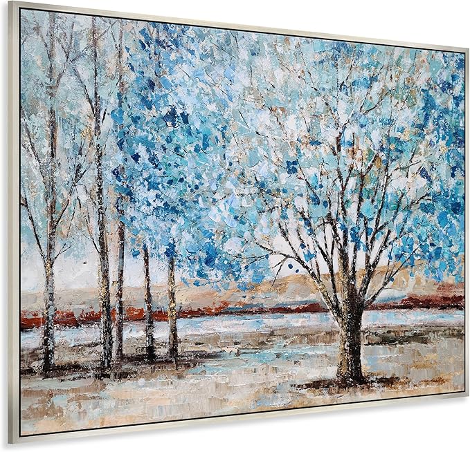 Yihui Arts Blue Tree Canvas Wall Art - Hand Painted Textured Abstract Forest Landscape Modern Artwork with Gold Foil Framed for Living Room, Bedroom, and Bathroom Decor