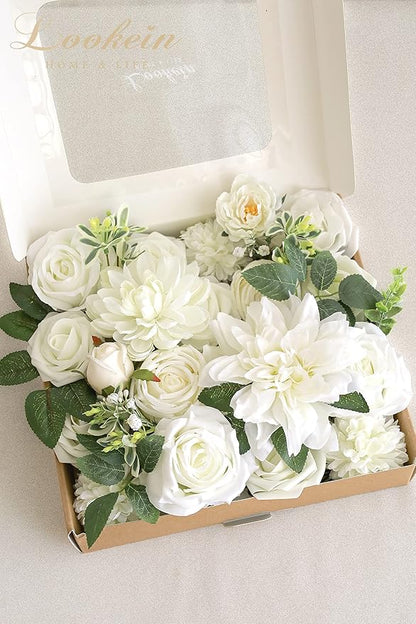 Lookein Artificial Flowers for DIY Wedding Decoration Bridal Bouquet Table Centerpieces Flower Garland Wreaths Aisle Arch Flower Decoration Home Decor, Vibrant Ivory