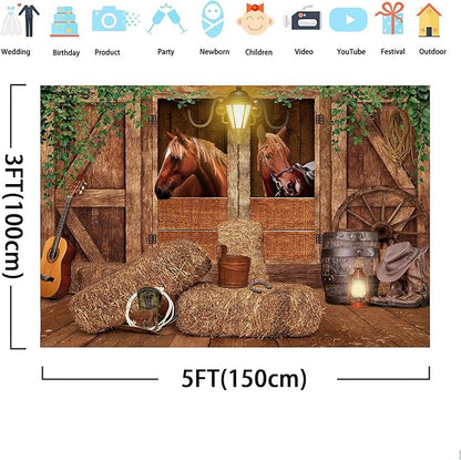 SVBright Western Backdrop 5Wx3H Cowboy Birthday Banner Wild West Horse Barn Door Old Wood Wheels Green Leaves Garage Door Boy Man Decorations Photography Background Banner Photo Booth Studio