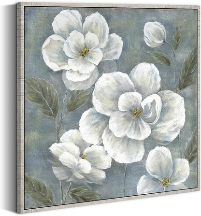 Floral Framed Canvas Wall Art - Vintage Blooming Gray Flowers Painting Abstract White Botanical Picture Modern Prints Artwork for Living Room