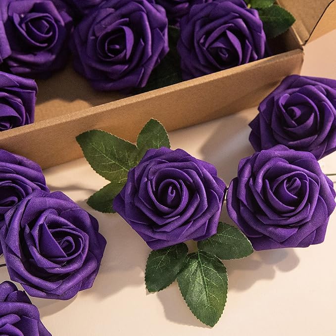 Artificial Flower Foam Rose 25pcs Real Looking Fake Rose with Stems Leaves for Home Decoration Party Garden Centerpieces DIY Wedding Bouquets（Purple）