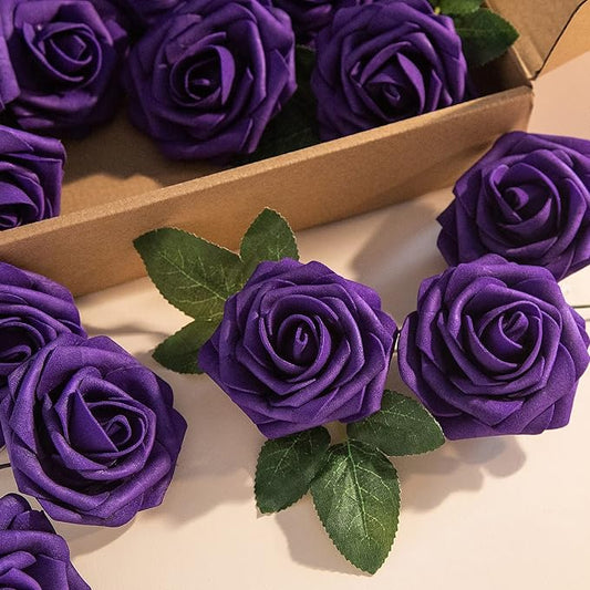 Artificial Flower Foam Purple Rose 50pcs Real Looking Fake Rose with Stems Leaves for Home Decoration Party Garden Centerpieces DIY Wedding Bouquets（Purple）