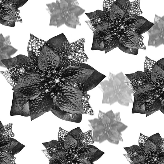 Boao 24 Pieces Christmas Artificial Glitter Poinsettia Flowers Xmas Flowers Wedding Christmas Tree New Year Ornaments(Black)