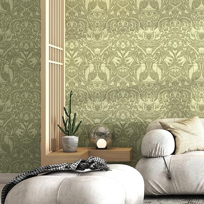 Vintage Peel and Stick Wallpaper Boho Bird Wall Paper Floral Contact Paper for Bedroom 17.3" X 78.8" Removable Wallpaper Self Adhesive Olive Green Botanical Decorative Wallpapers Bathroom Vinyl