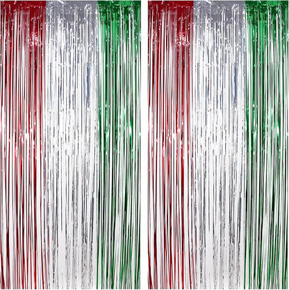 Red Green Silver Tinsel Curtain Backdrop - Christmas Party Decorations Foil Fringe Curtains for Photo Booth Props Xmas New Years Party Supplies - 2Pack 3.2×8.2ft