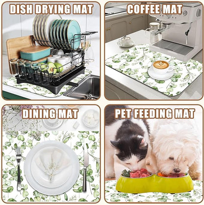Eucalyptus Leaves Dish Drying Mat for Kitchen Counter Coffee Mat Hide Stain Absorbent Rubber Backed Drying Rack Pad Espresso Machine Coffee Bar Accessories 15.7 x 23.6 Inch