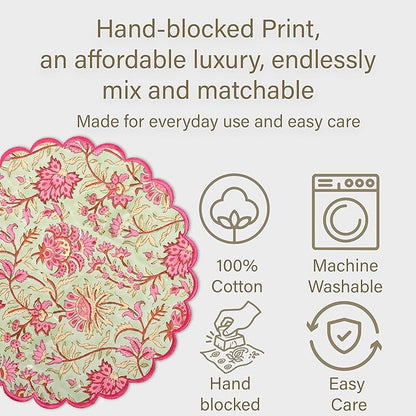 Ridhi Pistachio Green Hand Block Print Cotton15 Inch Round Set of 4 Reusable Washable PlaceMats Kitchen Dining Thanksgiving Halloween Christmas Weddings Everyday Use