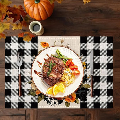 Pumpkin Plaid Placemats Set of 6,Washable Heat Resistant 12×18 Inch Linen Table Mats Fall Place Mats for Party Outdoor Dining Décor
