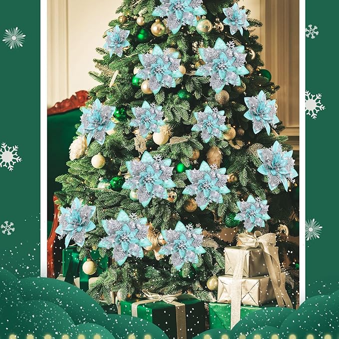 24 Christmas Glitter Artificial Poinsettia Flowers Xmas Poinsettia Artificial Wedding Flowers Decorations Xmas Tree Ornaments with Clips for Party Favors, 6 Inch, 4 Inch, 3 Inch (Silver and Green)