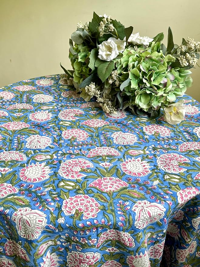 ATOSII Clover Pink 100% Cotton Round Tablecloth, Block Print Floral Table Cloth for Dining, Parties, Weddings, Outdoors, Holidays I 90" Inches, 6 Seater I Grandmillennial Farmhouse Spring Summer
