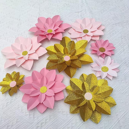 Mybbshower Pink Gold Glitter Paper Flower for Wall (10"-6") DIY Floral Backdrop Nursery Room Baby Shower Girls Birthday Party Photo Backdrop Pack of 9