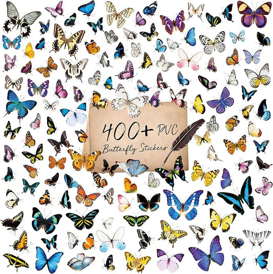 400+ PCS Delicate Butterfly Stickers, Self-Adhesive PVC Vintage Butterfly Stickers for Scrapbook, Journal, Laptop, Envelope, DIY Project, Window, Spring Themed Party Decors
