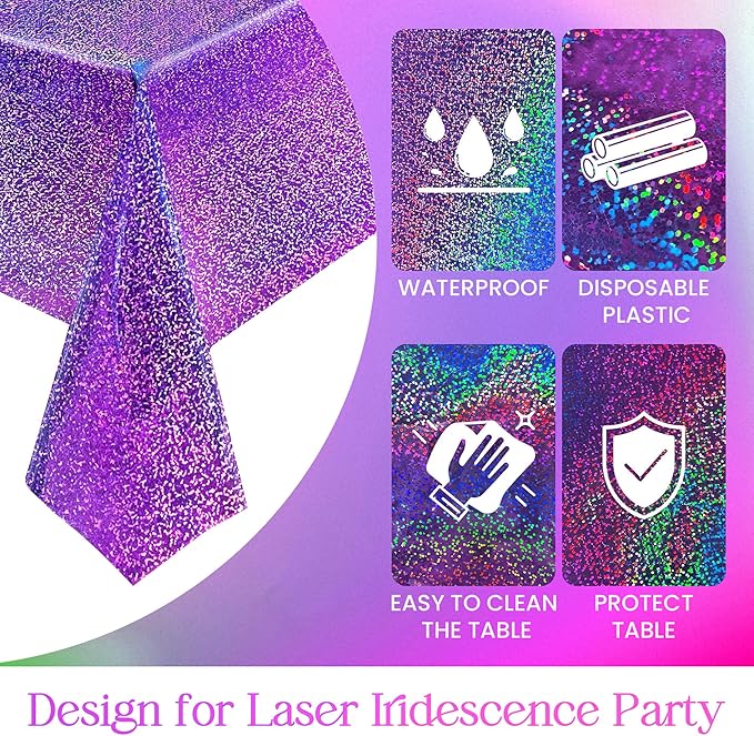 4 pcs Purple Holographic Laser Tablecloths Iridescence Shiny Table Covers 40" x 108" Foil Disposable Rectangle Table cloths for Halloween Bachelorette Birthday Party Wedding Anniversary Decor
