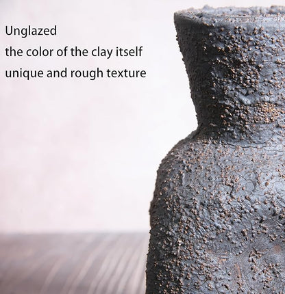 Rustic Textured Clay Vase - 7IN Rustic Ceramic Vase Vintage Farmhouse Style Decor, Circle Wabi Sabi Vases for Farmhouse Home Decor, Decor Living Room, Table, Shelf(Black)
