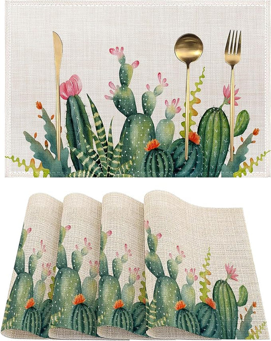 Cute Cactus Placemats Set of 4, Succulent Place Mats Non-Slip Heat Resistant Washable Placemat for Party Kitchen Dining Table Decoration Indoor Outdoor 12x18 Inch