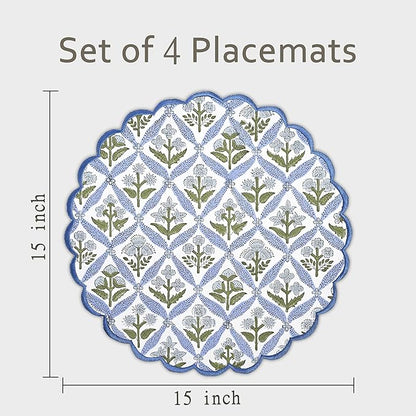 Ridhi Bo-ho Round Place Mat Easter Floral Cotton Washable Placemats 15" Round Embroidery Block Print Table Mat (Pack of 4-15 Inch Round, Light Steel Blue)