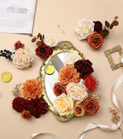 Artificial Flowers Combo Box for DIY Wedding Bouquet Arrangement, Silk Faux Flower for Bridal Table Centerpieces Party Cake Baby Shower（Orange & Burgundy）