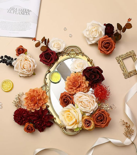 Artificial Flowers Combo Box for DIY Wedding Bouquet Arrangement, Silk Faux Flower for Bridal Table Centerpieces Party Cake Baby Shower（Orange & Burgundy）