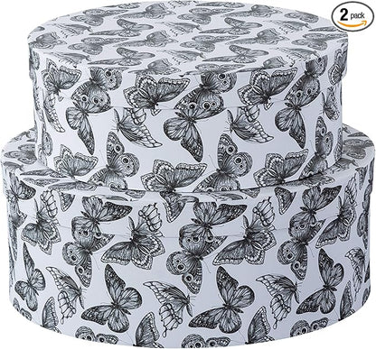 Soul & Lane Oblong Decorative Cardboard Storage Boxes with Lids, Graceful Flight, Set of 2 Black and White Butterfly Keepsake Boxes for Women, Oval Nesting Storage for Gifts and Organizing